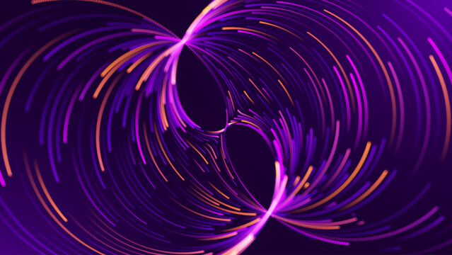 Abstract Math and Physics Particle Flow Diagram with Purple Accents, Featuring Smooth Lines and Dynamic Light Effects for Science Research Presentation Background.