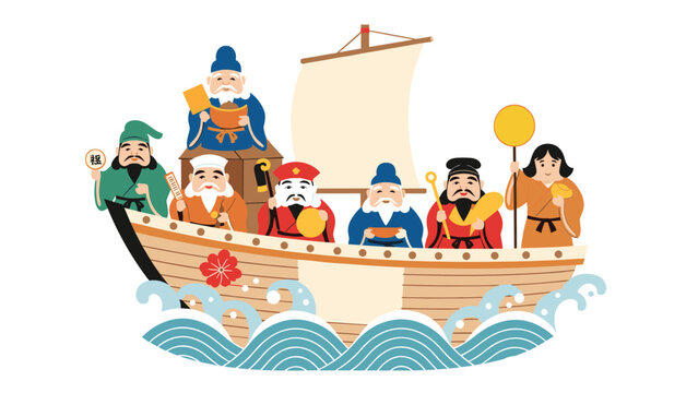 Traditional illustration of the Seven Lucky Gods of Japan sailing on a wooden treasure ship over blue waves with a white sail.
