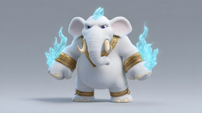 Powerful White Fantasy Elephant Warrior Holding Glowing Blue Ice Swords