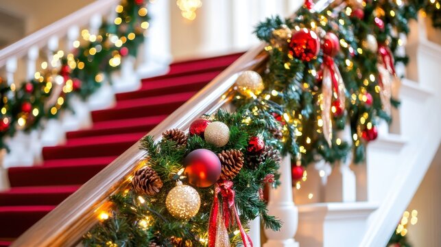 Luxurious Christmas garland with ornaments and pinecones adorning a red carpeted staircase with soft holiday lights.