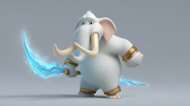 Powerful White Fantasy Elephant Warrior Holding Glowing Blue Ice Swords
