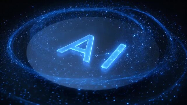 Glowing AI logo animation, digital intelligence concept, futuristic technology, blue energy vortex, abstract data flow