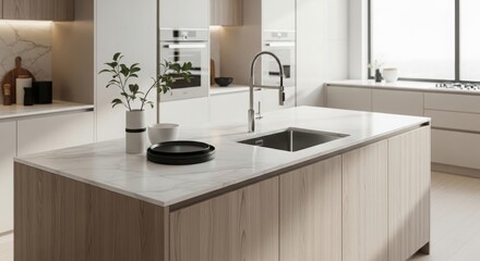 Fototapeta premium Modern kitchen island with marble countertop and wooden cabinets in bright natural lighting for interior design.