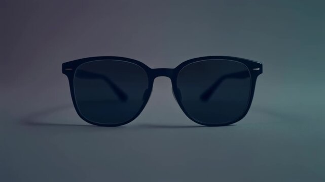 Close-up of modern eyeglasses lying flat, subtle navy lighting, video footage