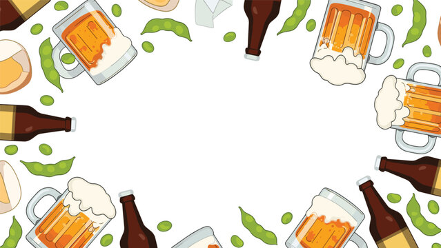Fun party-themed border featuring mugs of foaming beer, brown beer bottles, and green edamame beans on a white background.