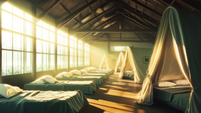 Overcrowded refugee shelters filled with temporary tent beds illuminated by soft sunlight beams through large windows
