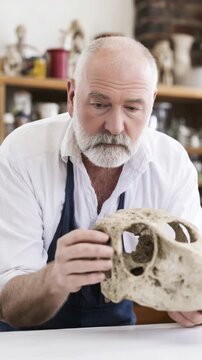 Paleontologist studying ancient dinosaur skull fossil in laboratory