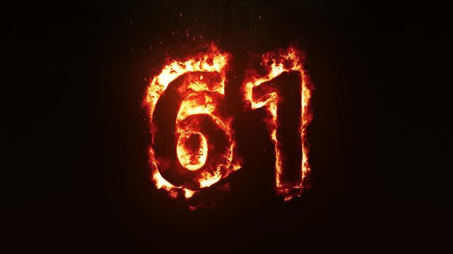 Burning Fire Number 61. Fire Digit Animation. Fiery Number
