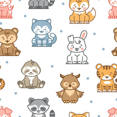 Obraz premium Funny animals seamless pattern. Kawaii animal characters. Cartoon pig, sloth, raccoon, bear, tiger and cat. Childish print textile, wrapping, vector background