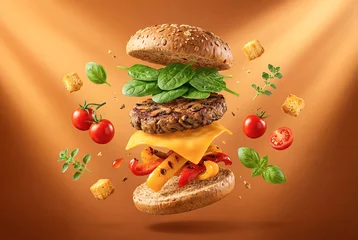 Deconstructed burger levitation with floating ingredients © saikorn