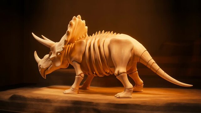 Triceratops dinosaur fossil skeleton sculpture with horns and bony frill exhibits prehistoric paleontology science education
