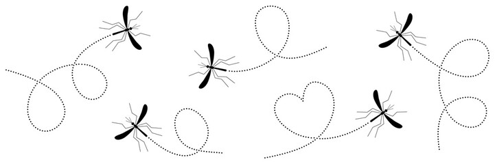 Mosquitoes insects flying on dotted route collection. Vector illustration isolated on white. © Віталій Баріда