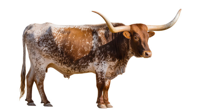 Majestic Texas Longhorn bull with impressive long horns, brown and white spotted coat, standing gracefully, isolated PNG for ranching and livestock themes