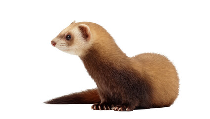 Fototapeta premium Adorable light and dark brown ferret sitting in profile, looking left, isolated on a transparent background, a cute pet PNG