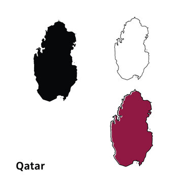 Black outline and colorful maps of Qatar country border isolated on transparent background