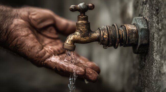 Hand is holding a faucet and water is dripping from it. Concept of urgency and the importance of conserving water