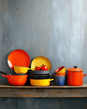 Cheerful collection of retro enamelware dish stack resting upon vintage wood shelf with vibrant orange yellow cooking pot nostalgic