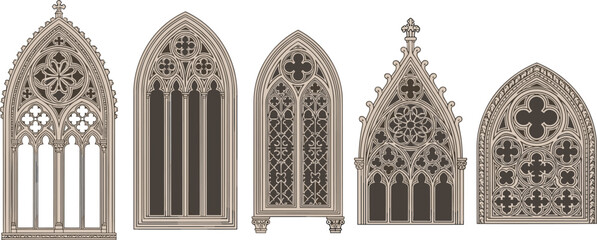 Black silhouette vector illustration of Gothic stained glass windows with ornate tracery, floral motifs, and symmetrical patterns, symbolizing medieval architecture and decorative design themes © MSTMONJUARA