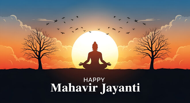 Happy Mahavir Jayanti Meditation in India: Silhouette of a meditating figure under a vibrant sunset/sunrise with bare trees and birds, celebrating Jainism's holy day in a serene natural setting.