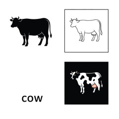 Fototapeta premium Cow silhouette and outline icon set representing dairy farm livestock in flat vector style