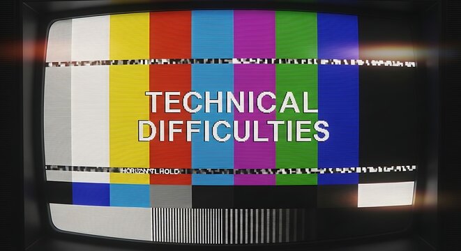 Technical difficulties tv screen test pattern with static and glitches.