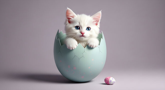 Easter sunday cute kitten emerging from blue easter egg