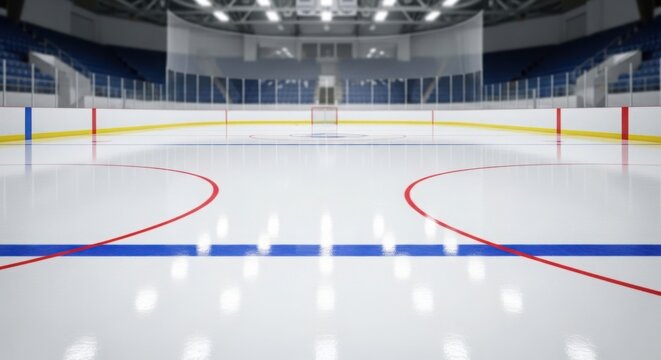 Ice hockey rink with empty ice surface, red and blue lines marking zones and goals, well-lit arena interior, ideal setting for practice or professional games,