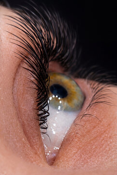 Close-up of eye with permanent makeup and defined lash line. Natural skin texture, glossy eye surface, and detailed lashes create a clean beauty look with emphasis on precision, depth, and elegance.