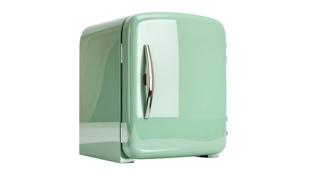 Stylish mint green retro mini-fridge, a compact portable cooler with a shiny chrome handle, isolated PNG for kitchen appliance designs