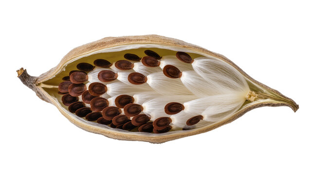 Open milkweed pod revealing numerous dark brown seeds with delicate white silky fibers, naturally isolated PNG on transparent background, botanical detail
