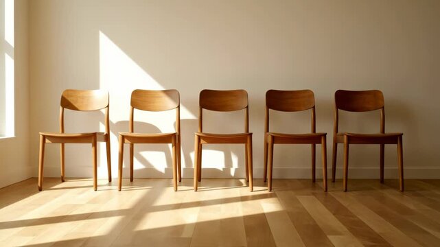 Four simple wooden chairs sit in a row against a plain wall. Sunlight streams across the scene, casting shadows on the floor