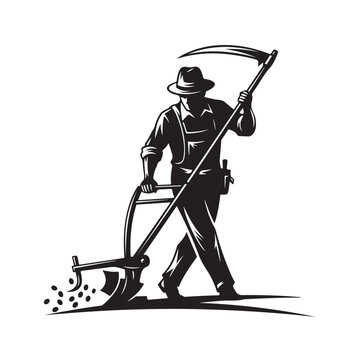 Farmer Using Hoe For Gardening On Isolated White Background For Agriculture Concepts
