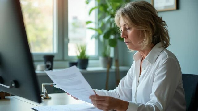 Professional woman in white shirt analyzing paperwork at her desk in a bright, modern office with plants and large window in the background. Workplace concepts, business, career.