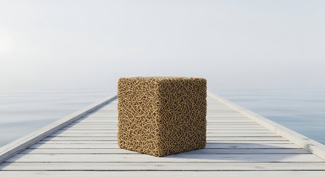 Textured cube on wooden deck by the sea