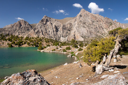 Amazing Mountain View and Wild Rocky Lake with Trees in Summer Sunlight