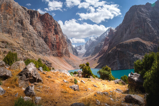 Amazing Fann Mountains Landscape in Tajikistan with Wild Blue Lake and Rocks