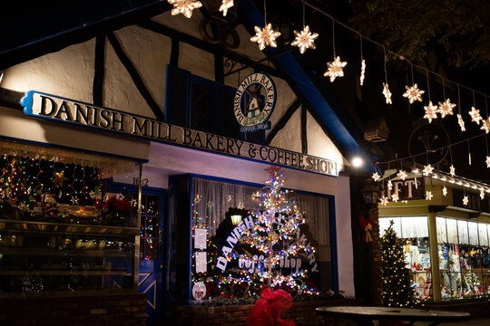 Night time at Danish bakery shop in Solvang, a historic Danish community, Solvang, California, December 2019
