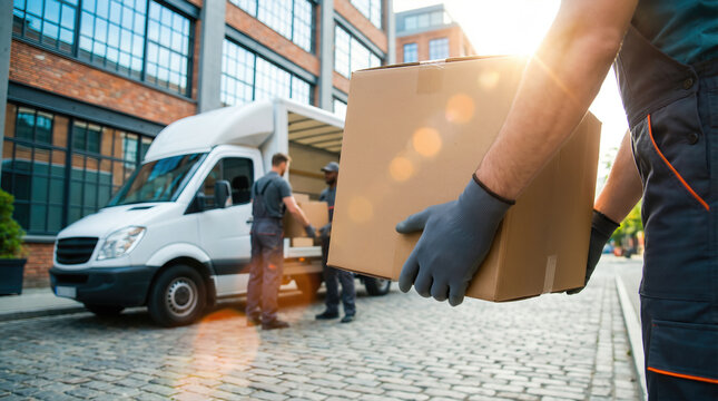 Delivery workers unloading cardboard boxes from cargo van on street. Courier logistics and parcel shipping service for last mile distribution and ecommerce freight transport and supply chain industry