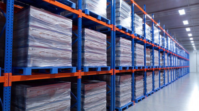 Large warehouse racking system with wrapped palletized goods stacked on metal shelving rows. Industrial storage and logistics distribution facility for freight and supply chain operations