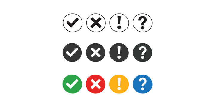 right, wrong, wonder and question mark icons with colorful and outline