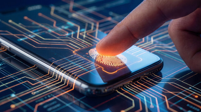 Finger touching smartphone fingerprint scanner with glowing biometric authentication sensor on digital circuit board background. Mobile security identity verification and cyber protection technology