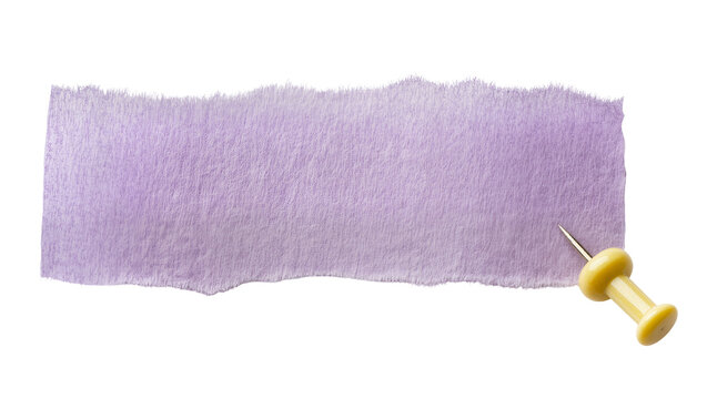 Torn light purple paper strip with rough edges, pinned by a yellow thumbtack, an isolated blank note for messages or reminders PNG