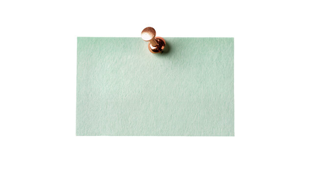 Light green textured sticky note paper with a shiny copper thumbtack, isolated on a transparent background for office and memo designs PNG