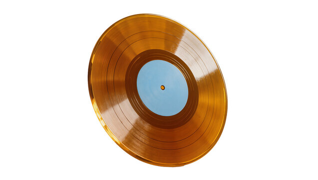 Shiny golden vinyl record with a light blue label, a classic music album disc isolated PNG, perfect for retro audio media designs