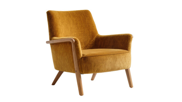 Stylish mustard yellow velvet armchair with light wooden frame and legs, a comfortable piece of modern furniture isolated on transparent background PNG