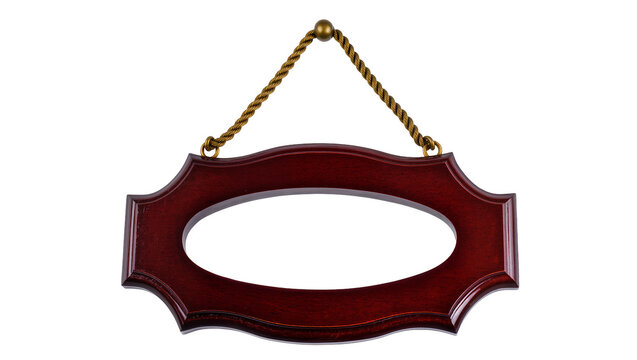 Elegant dark red wooden sign with an oval opening, suspended by a golden twisted rope, isolated PNG on transparent background for custom text display