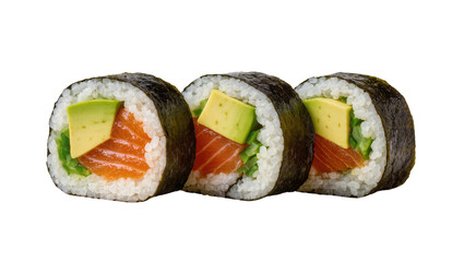 Delicious fresh salmon and avocado maki sushi rolls, perfectly prepared and isolated on transparent background, a healthy Japanese meal PNG © Marie