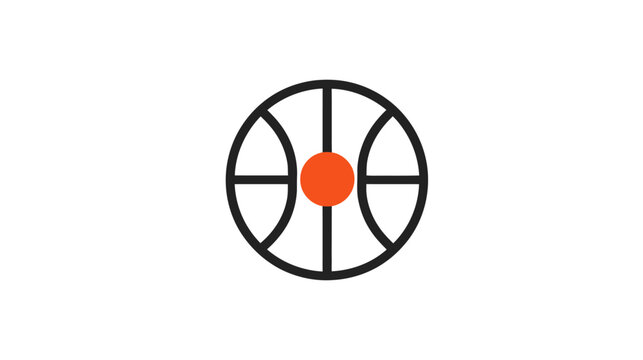 Minimalist basketball icon vector illustration. Simple black outline design with vibrant orange center dot on white background. Sports game symbol.