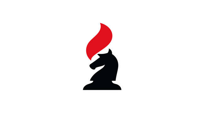 Dynamic black chess knight with a red flame graphic illustration. Concept of strategy, power, intelligence, and competition.