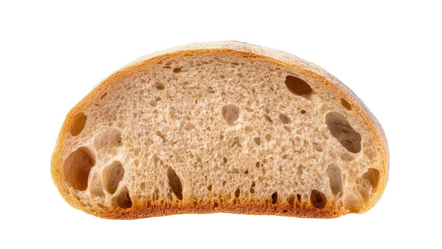 Golden-crusted artisan sourdough bread slice, revealing its airy, porous texture, isolated PNG, perfect for bakery and culinary design projects